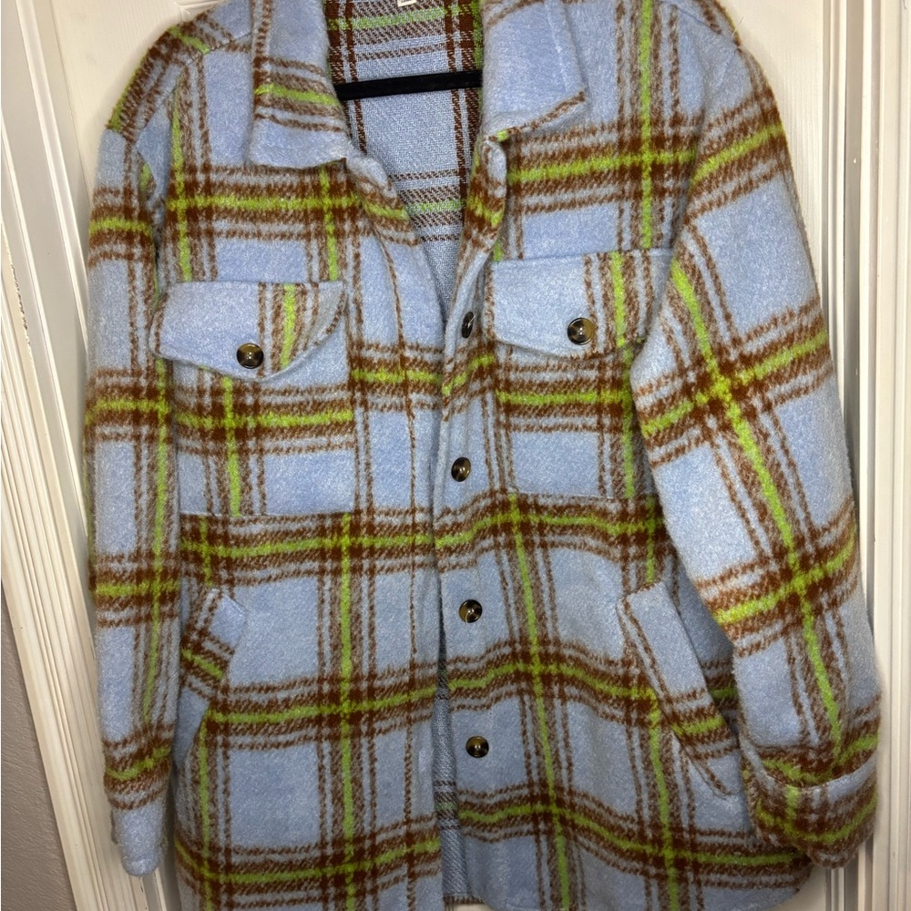 DAVI & DANI Blue and Brown Plaid Teddy Jacket